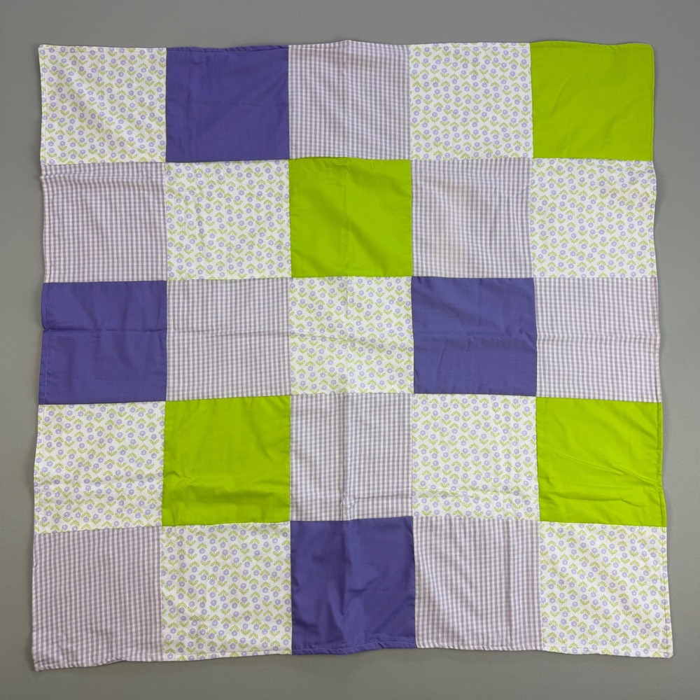 NEW Handmade Patchwork Baby Quilt Purple Lime Green Gingham Floral 38x38 Blanket